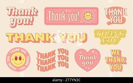 Collection de stickers de remerciement dans le style hippie rétro des années 70. Patchs groovy Thanksgiving, étiquettes. Illustration vectorielle Illustration de Vecteur