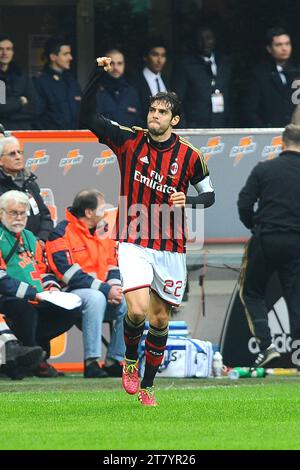 Ricardo Kaka de l'AC Milan célèbre son premier but lors du match de football Serie A entre l'AC Milan et l'Atalanta au stade San Siro de Milan le 6 janvier 2014. Massimo Cebrelli / DPPI Banque D'Images