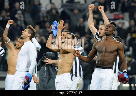 Paul Pogba du FC Juventus célèbre la victoire avec ses coéquipiers après le premier match de football de l'UEFA Europa League de 32 entre le FC Juventus et Trabzonspor LE 20 février 2014 à Turin, en Italie. Photo Massimo Cebrelli / DPPI Banque D'Images