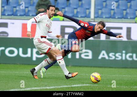 Adil Rami de l'AC Milan se bat pour le ballon avec Alessandro Matri de Gênes CFC lors du championnat italien 2014/2015 Serie A match de football entre Gênes CFC et AC Milan au stade Luigi Ferraris le 07 décembre 2014 à Gênes, Italie. Photo Massimo Cebrelli/DPPI Banque D'Images