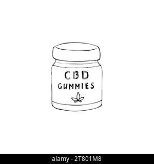 Gommes CBD dessinées à la main dans des bouteilles. Gommes au cannabis pour les soins de santé. Cannabis médical marijuana. Illustration vectorielle isolée sur fond blanc Illustration de Vecteur