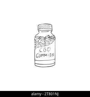 Paquet de gommes de Cannabis dessinées à la main. Gommes CBD pour les soins de santé. Cannabis médical marijuana. Illustration vectorielle isolée sur fond blanc Illustration de Vecteur