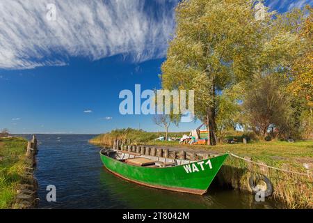 Bateau de pêche dans le petit port de l'Achterwasser à Warthe près de Rankwitz sur l'île d'Usedom dans la mer Baltique, Mecklembourg-Poméranie occidentale, Allemagne Banque D'Images