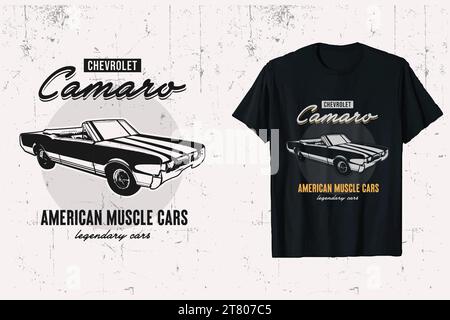 conception de t-shirt vecteur american chevrolet camaro muscle cars. t-shirt vintage muscle classic cars. imprimé noir et blanc tshirt graphique. Illustration de Vecteur