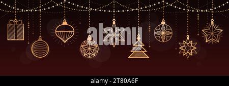 Bannière de Noël et bonne année avec décorations dorées de luxe suspendues, espace de copie Illustration de Vecteur