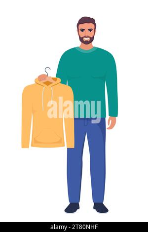 Jeune homme souriant tenant un cintre avec un sweat à capuche jaune. Choisir le concept de vêtements. Illustration vectorielle dans le style plat Illustration de Vecteur