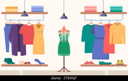 Magasin de vêtements. Boutique de vêtements intérieur, boutique. Divers vêtements pour femmes et hommes sur cintres, chaussures sur étagères, mannequin. Illustration vectorielle Illustration de Vecteur