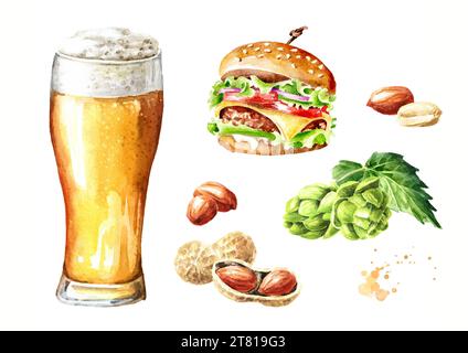 Verre de bière et collations, illustration d'aquarelle dessinée à la main isolé sur fond blanc Banque D'Images