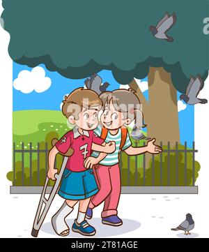 Enfants soutenant ami avec jambe blessée, amitié et soutien, personne handicapée appréciant l'illusion vectorielle de pleine vie Illustration de Vecteur