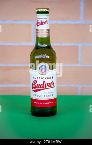 MALAGA, ESPAGNE - 17 NOVEMBRE 2023 : bouteille de bière Budweiser Budvar sur fond de mur de briques à Malaga, Espagne le 17 novembre 2023 Banque D'Images