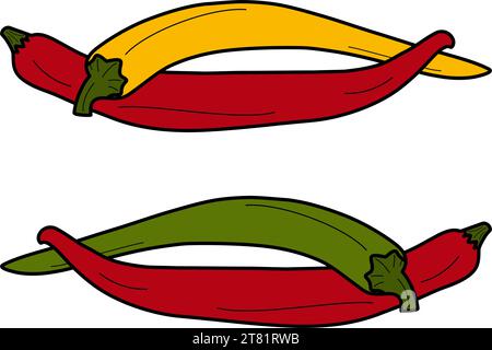Lot de 2 paires de piments Chili colorés entrelacés. Assaisonnements et épices latino-américains traditionnels. Isoler. EPS. Vecteur pour affiches, bannières ou cartes, brochures, panneaux d'affichage ou d'autres utilisations différentes Illustration de Vecteur
