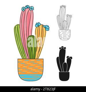 Cactus dans le pot de fleurs doodle ensemble de dessin animé. Maison plantes silhouette du désert mexicain et signe cactus. Collection succulente occidentale exotique dessinée à la main. Illustration vectorielle de plantes d'intérieur linéaires en pot Illustration de Vecteur