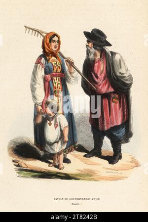 Paysans de la ville de Tver, Russie, 19e siècle. Femme avec râteau en robe brodée et chemisier, homme en blouse, culottes et bottes. Paysan du gouvernement Twer (Russie). Gravure sur bois coloriée par L. Markaert d'Auguste Wahlen, usages et costumes de tous les peuples du monde, Librairie Historique-artistique, Bruxelles, 1845. Banque D'Images