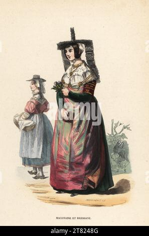 Costumes de Mâcon et de Bresse, France, 19e siècle. Femme de Bresse en chapeau de dentelle ou en brelot à bord plat, couronne cylindrique, longues queues, fichu, robe en tissu bicolore. Maconaise et Bressane. Gravure sur bois colorée à la main par L. Markaert d'après TS de Moeurs, usages et costumes de tous les peuples du monde, (Manners, Customs and costumes of All the People of the World) Librairie Historique-artistique, Bruxelles, 1845. Banque D'Images