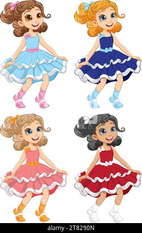 Personnages de dessin animé vectoriel de quatre filles dansant joyeusement dans diverses tenues Illustration de Vecteur