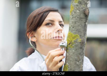 Médecin examine l'état de l'arbre avec un stéthoscope protection de l'environnement Banque D'Images