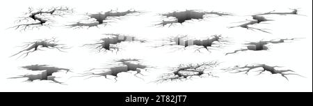 Fissures de terre. Dégâts réalistes au sol par tremblement de terre. Trous 3D et fissures dans le béton, mur fracturé détruit. Jeu de modèles d'effets de surface cassés. I. Illustration de Vecteur