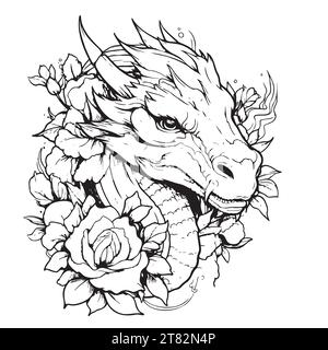 Tête de dragon en fleurs, croquis dessiné à la main. Symbole des mythes et légendes du nouvel an Illustration de Vecteur