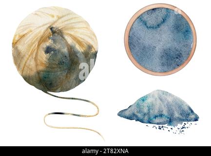 Aquarelle dessinée à la main indigo colorant la teinture végétale naturelle et les matériaux pour le passe-temps, tissu fait à la main. Illustration composition isolée, fond blanc Banque D'Images