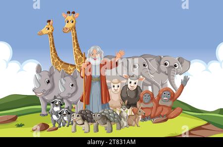 Une illustration vibrante de dessin animé représentant un groupe d'animaux sauvages dans l'histoire biblique de Noé Illustration de Vecteur