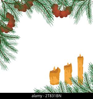 Bordure de branches de pin et d'épicéa avec des baies rowan et des bougies dans l'illustration de coin pour la conception de carte postale ou bannière, signe. Illustration de Vecteur