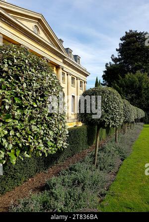 Vue sur un bâtiment de style classique avec haies au premier plan. Banque D'Images