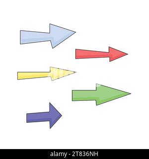 Flèches colorées de style rétro doodle. Signes de direction colorés dans le style de bande dessinée pour les autocollants. Illustration de Vecteur