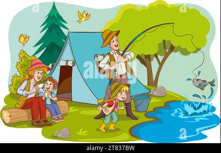 illustration vectorielle de camping familial et de pêche Illustration de Vecteur