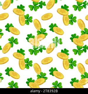 Fond vectoriel festif pour St. Patrick's Day. Motif sans couture de feuilles de trèfle et de pièces d'or. Symboles de l'une des principales vacances en Irlande. C Illustration de Vecteur