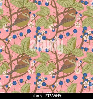 Motif sans couture dans le style Art Nouveau pour créer des textiles, du papier peint. Les oiseaux sont assis sur les branches entrelacées de mûres. Baies, le Illustration de Vecteur