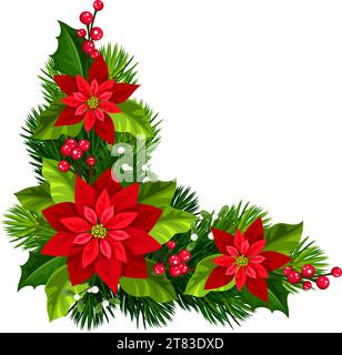 Fond de coin décoratif de Noël avec branches de sapin vert, fleurs de poinsettia rouge, houx et gui. Illustration vectorielle Illustration de Vecteur