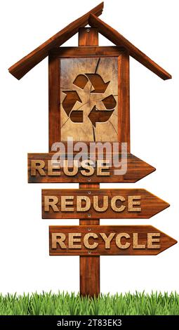 Trois panneaux directionnels en bois avec texte Reuse Reduce Recycle et un symbole de recyclage sur une prairie verte, isolé sur fond blanc. Banque D'Images