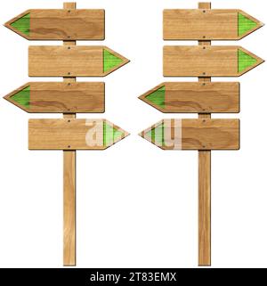 Collection de panneaux directionnels en bois vides (quatre flèches vertes) avec poteau et espace de copie, isolé sur fond blanc. Illustration 3D. Banque D'Images