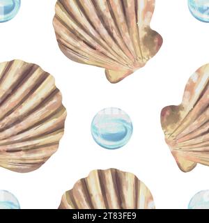 Coquillages et bulles. Motif marin sans couture. Illustration vectorielle dans le style aquarelle. Cartes, couvertures, tissu, papier d'emballage, papier peint, textile. Illustration de Vecteur