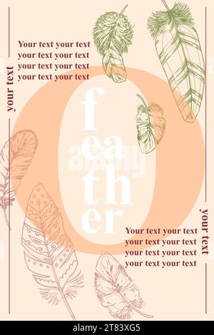 Affiche en plumes. Conception de carte de voeux et d'invitation. Eléments décoratifs dessinés à la main. Conception de bannière verticale avec espace de copie. Stylo à encre vintage c Illustration de Vecteur