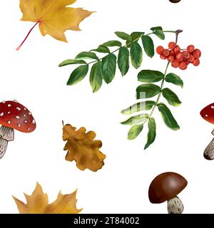 Feuilles d'automne d'érable, rowan, chêne, champignons. Motif sans couture vectoriel. Ventes d'automne, cartes de vœux, grandes bannières, dépliants, papier d'emballage, textiles. Illustration de Vecteur