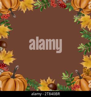 Citrouilles, feuilles d'érable, champignons, rowan. Cadre vectoriel carré. Élément de conception pour les ventes d'automne, cartes de vœux, grandes bannières, dépliants, invitations. Illustration de Vecteur