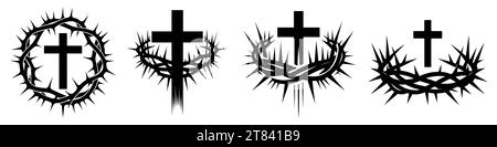 Croix chrétienne avec couronne d'épines icône. Ensemble de silhouettes noires d'un symbole chrétien. Crucifixion de Jésus-Christ. Illustration vectorielle Illustration de Vecteur