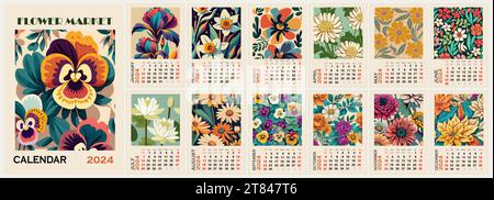 Modèle de calendrier mural floral pour vecteur 2024. Illustration de Vecteur