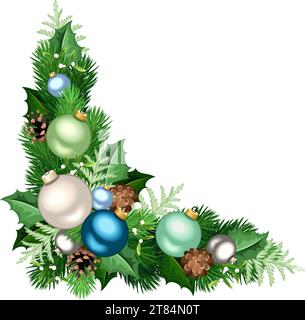 Fond de coin décoratif de Noël avec boules de Noël bleues, vertes et argentées, branches de sapin, pommes de pin, houx et gui. Illustration vectorielle Illustration de Vecteur