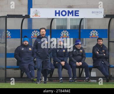 Mourneview Park, Lurgan, comté d'Armagh, Irlande du Nord, Royaume-Uni. 18 novembre 2023. Sports Direct Premiership – Glenavon v Loughgall action du match d'aujourd'hui au Mourneview Park (Glenavon en bleu). Stephen McDonnell, Manager de Glenavon. Crédit : CAZIMB/Alamy Live News. Banque D'Images