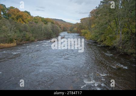 Rivière Usk près de Llangynidr avec des arbres aux couleurs d'automne, Powus, pays de Galles, Royaume-Uni Banque D'Images