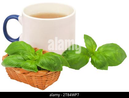 Feuilles de basilic frais avec de la tisane dans une tasse Banque D'Images