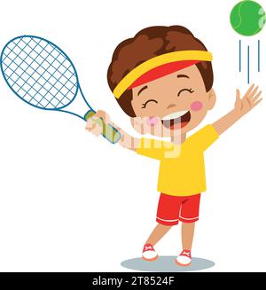 mignon garçon heureux jouant au tennis Illustration de Vecteur