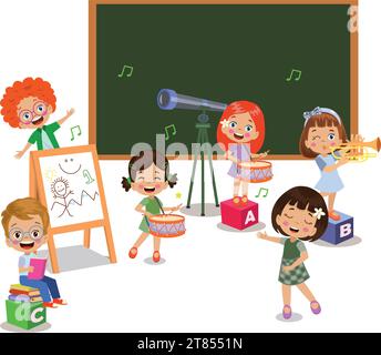 enfants heureux jouant des instruments et chantant en classe Illustration de Vecteur