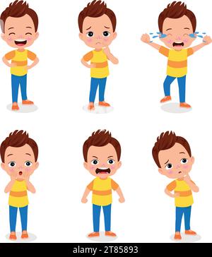 mignon petit garçon personnage avec différentes expressions faciales set illustration vectorielle Illustration de Vecteur