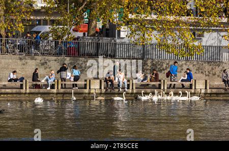 Erholung Die wärmende Herbstsonne geniessen zahlreiche Menschen am Ufer des Zürichsees. Einige Füttern Höckerschwäne. Zürich, Schweiz, 29.10.2022 *** Loisirs beaucoup de gens apprécient le soleil d'automne chaud sur les rives du lac de Zurich quelques cygnes muets nourriciers Zurich, Suisse, 29 10 2022 Credit : Imago/Alamy Live News Banque D'Images