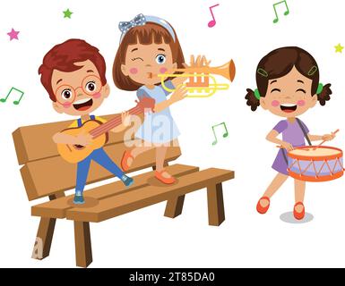 enfants mignons jouant de la guitare et de la trompette sur le banc Illustration de Vecteur