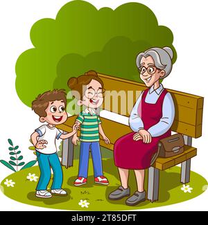 grand-mère assis sur le banc et vecteur de dessin animé petit-enfant Illustration de Vecteur