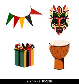 masque en bois, cadeau de tambour africain et drapeaux sur kwanzaa illustration sur un fond blanc dessiné à la main Banque D'Images